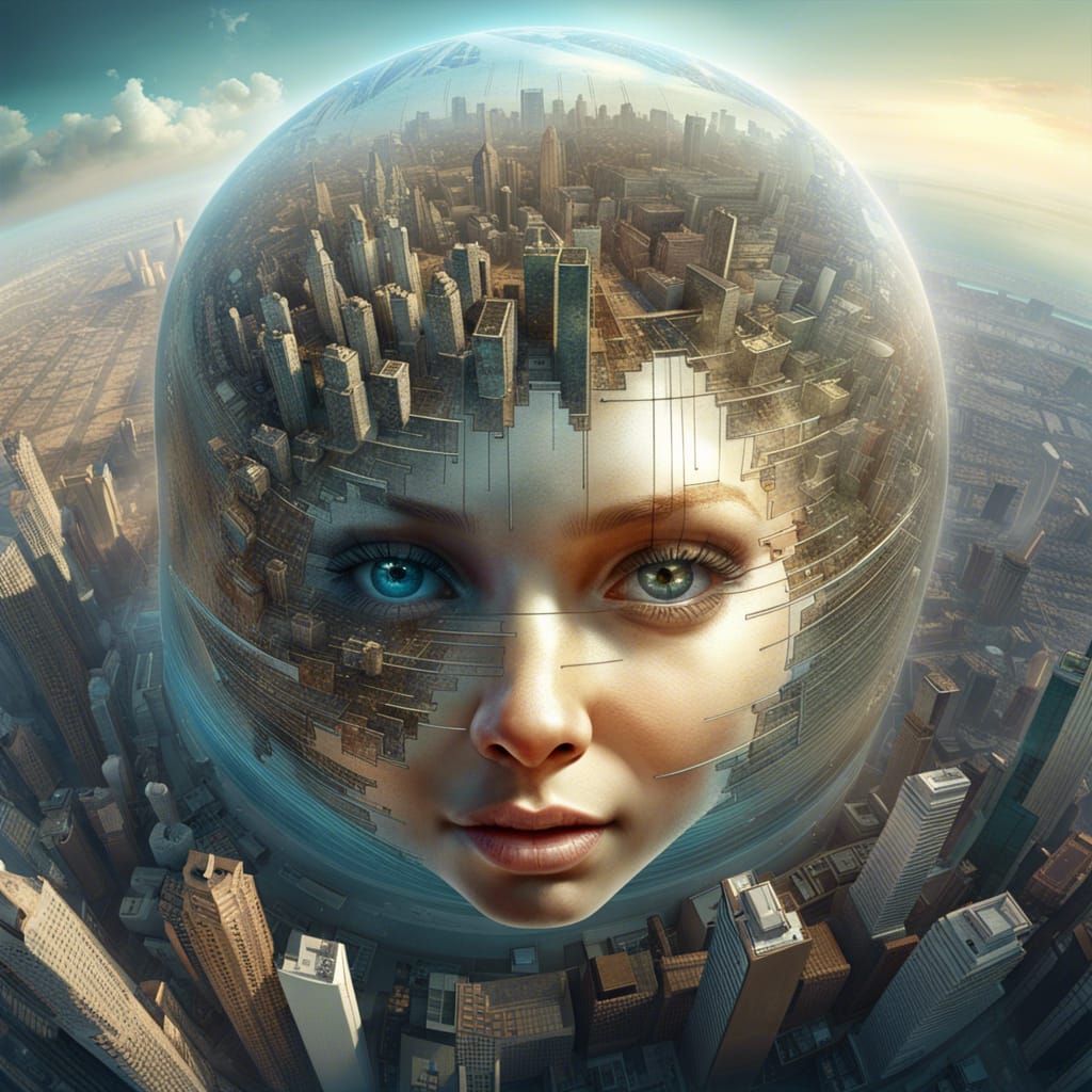 Planet City with Ballerina Face in Digital Art