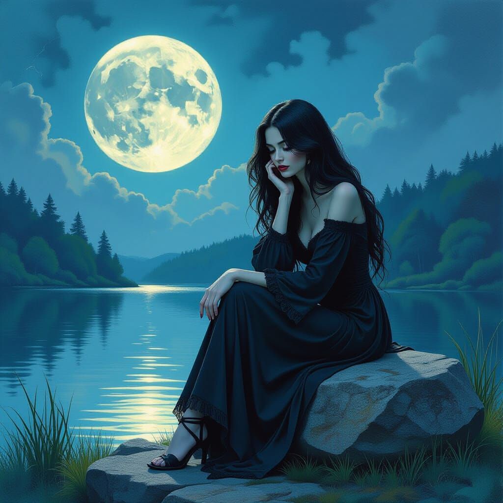 Gothic Boho Woman by Moonlit Lake