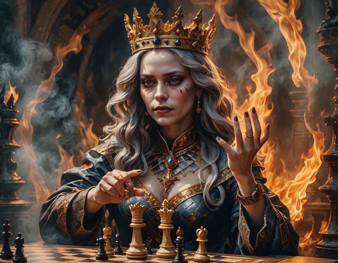Surreal Hyperdetailed Portrait: Ashen Queen on Chessboard