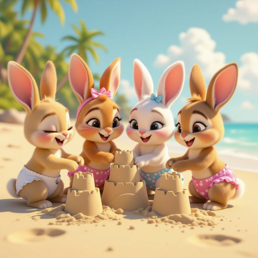 Adorable Bunnies Building Sandcastles on Sunny Beach