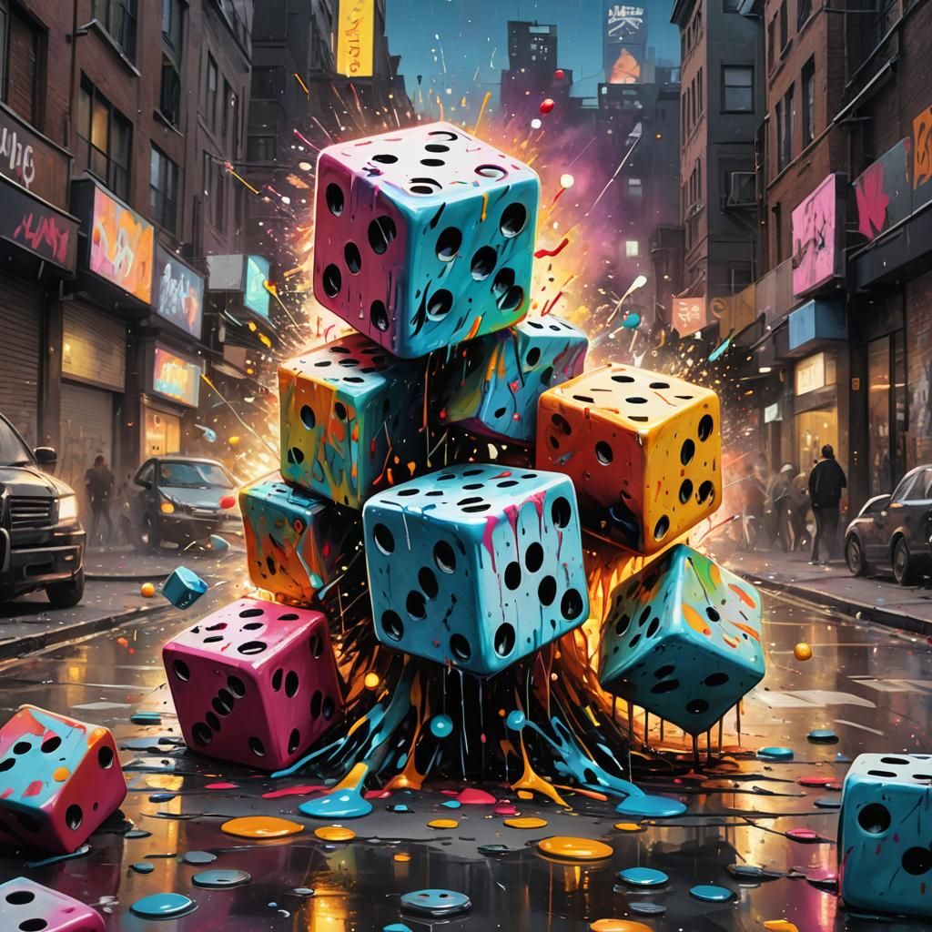 Exploding Dice Graffiti Art in City Street