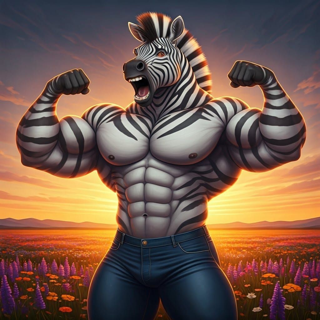 Anthropomorphic Zebra Flexing Muscles in Hyperrealistic Styl...