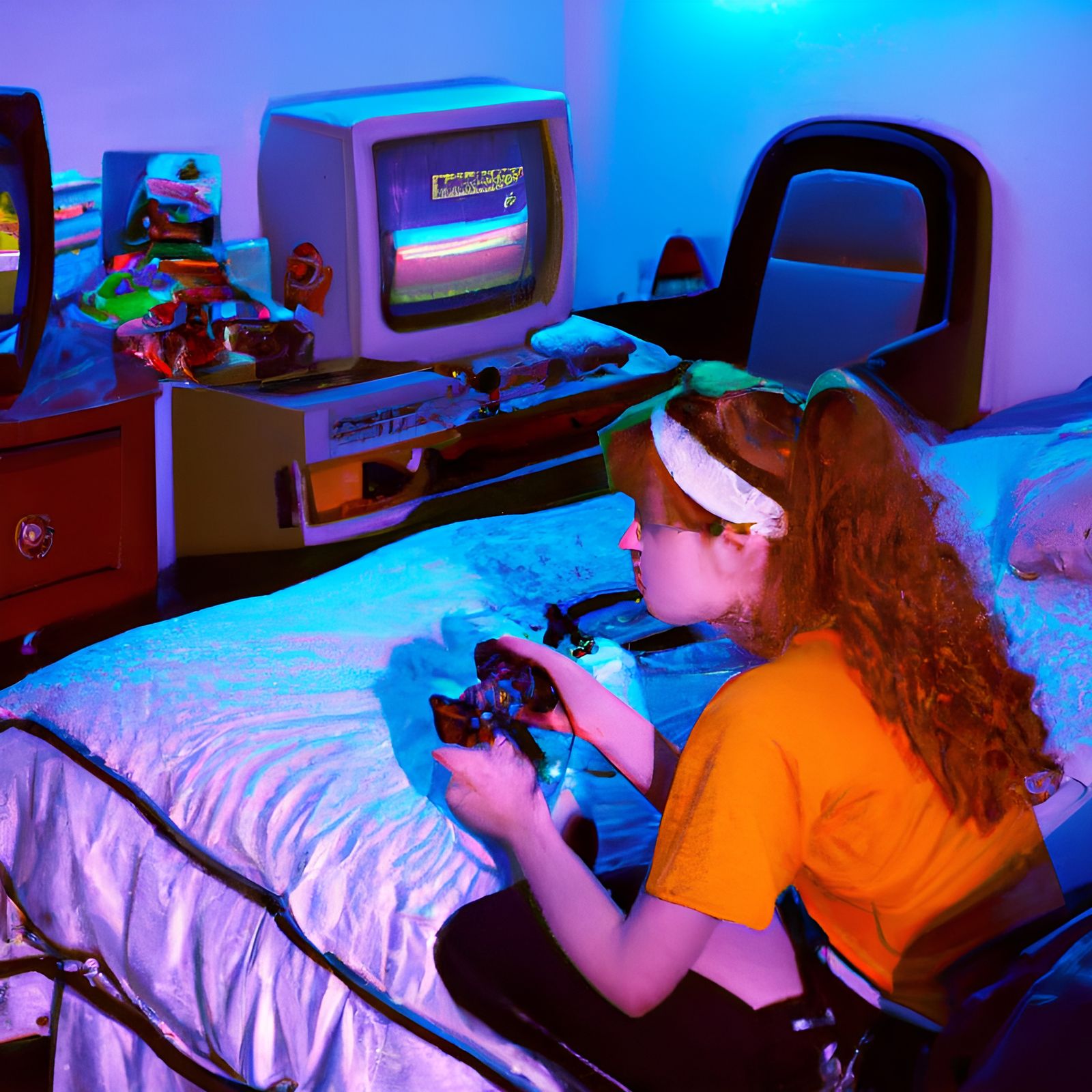 Redhead Girl Playing 80s Games in Retrowave Style