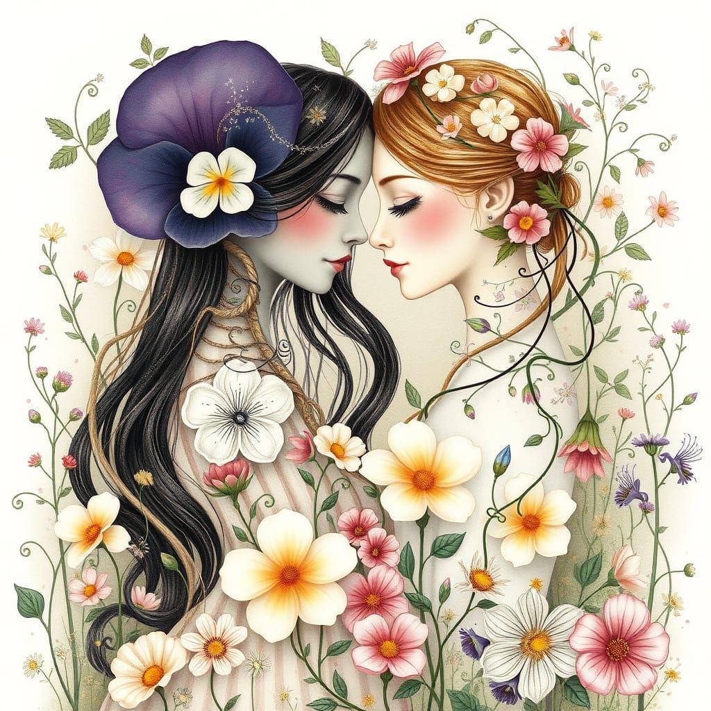 Whimsical Floral Lovers in a Dreamy Garden