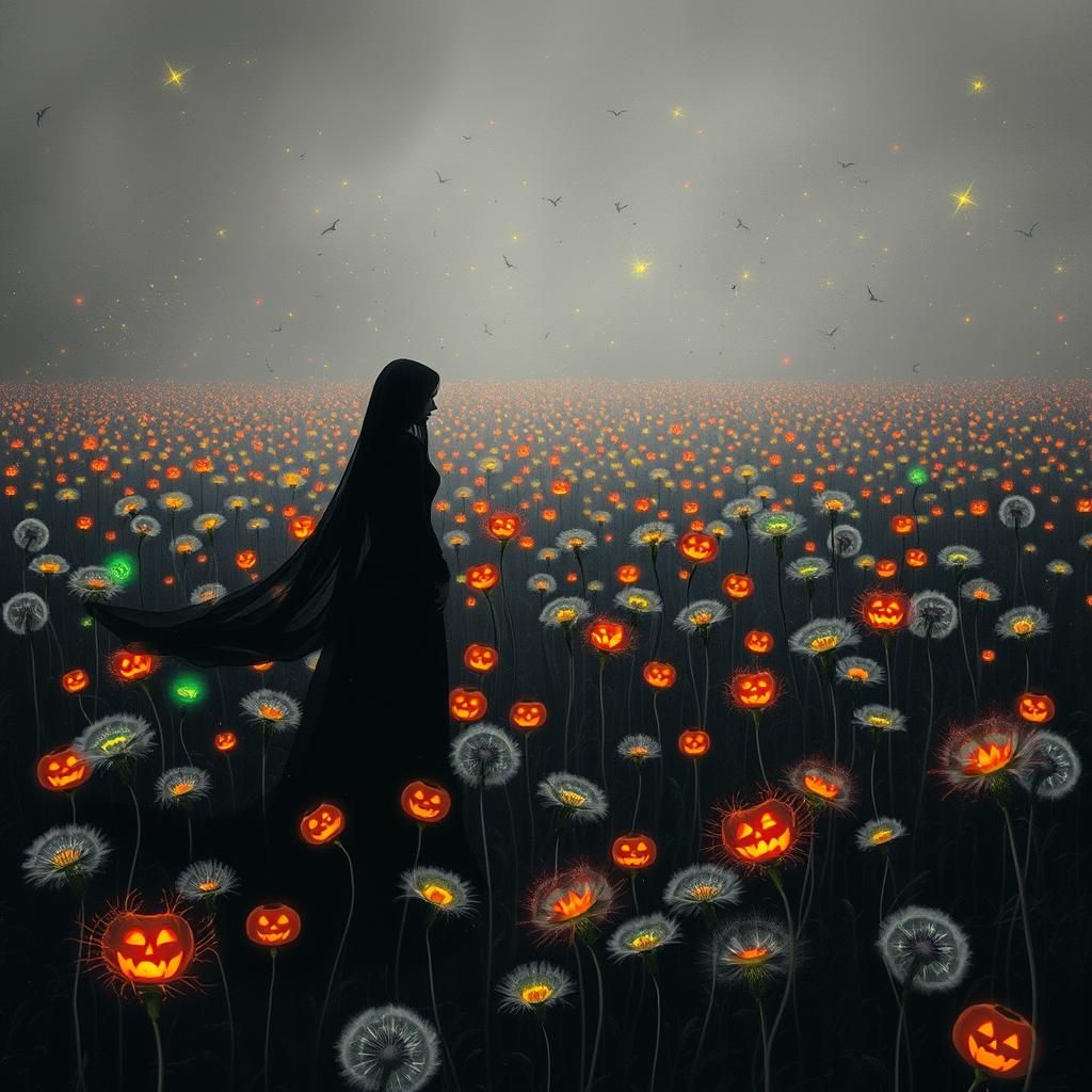 Surreal Halloween Dreamscape with Dandelions, Grayscale Pale...