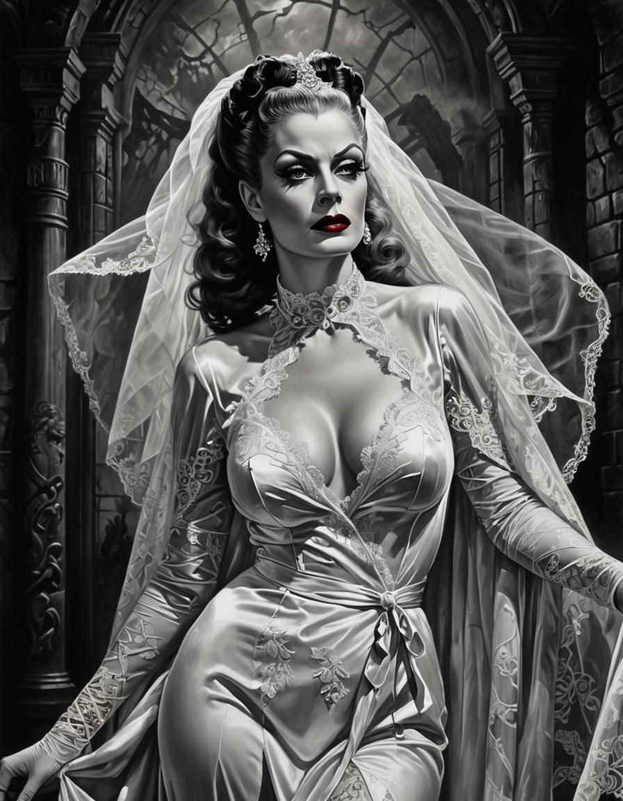 Bride of Frankenstein Pinup in Antique Oil Painting