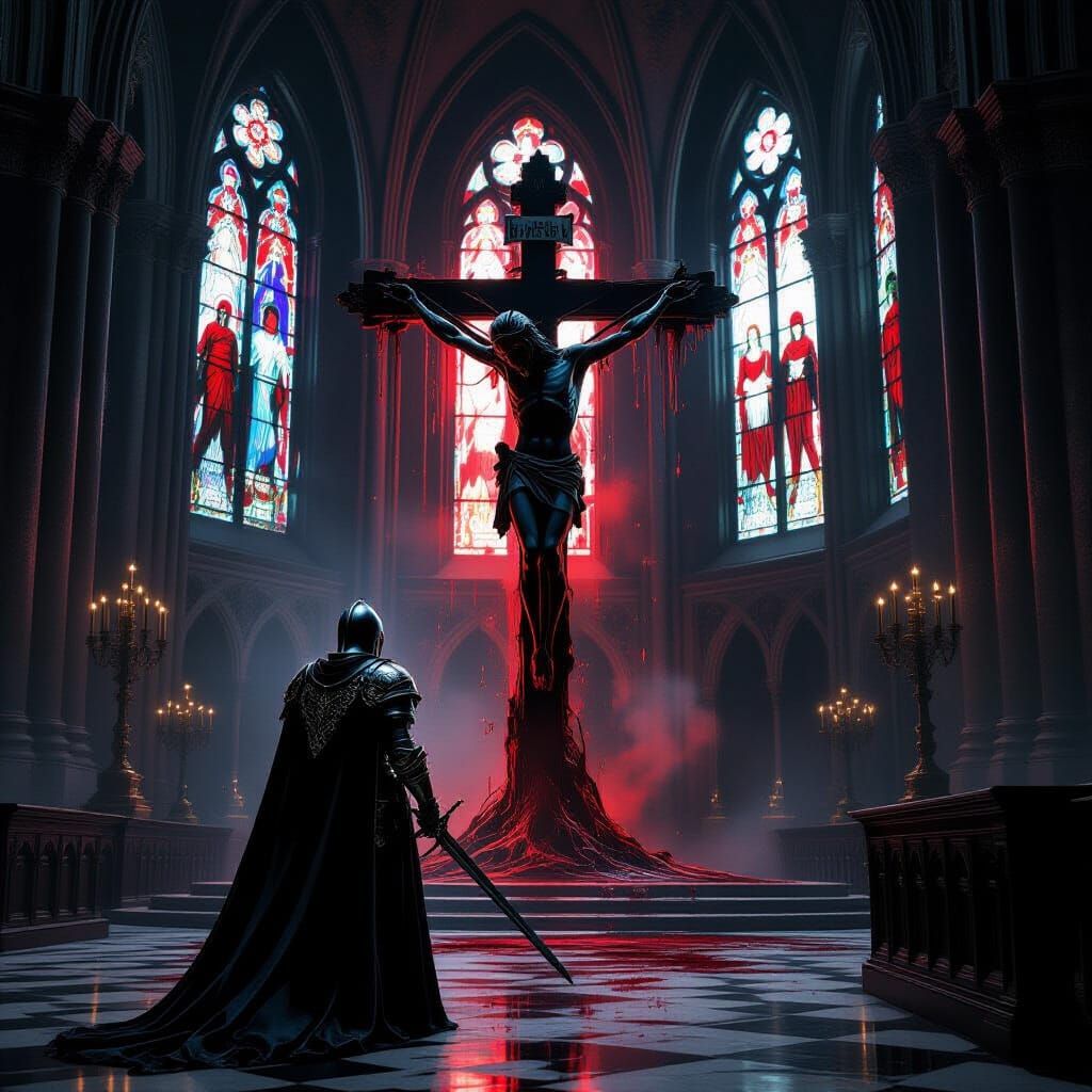 Knight Confronts Demon in Cathedral: A Dark Horror Scene