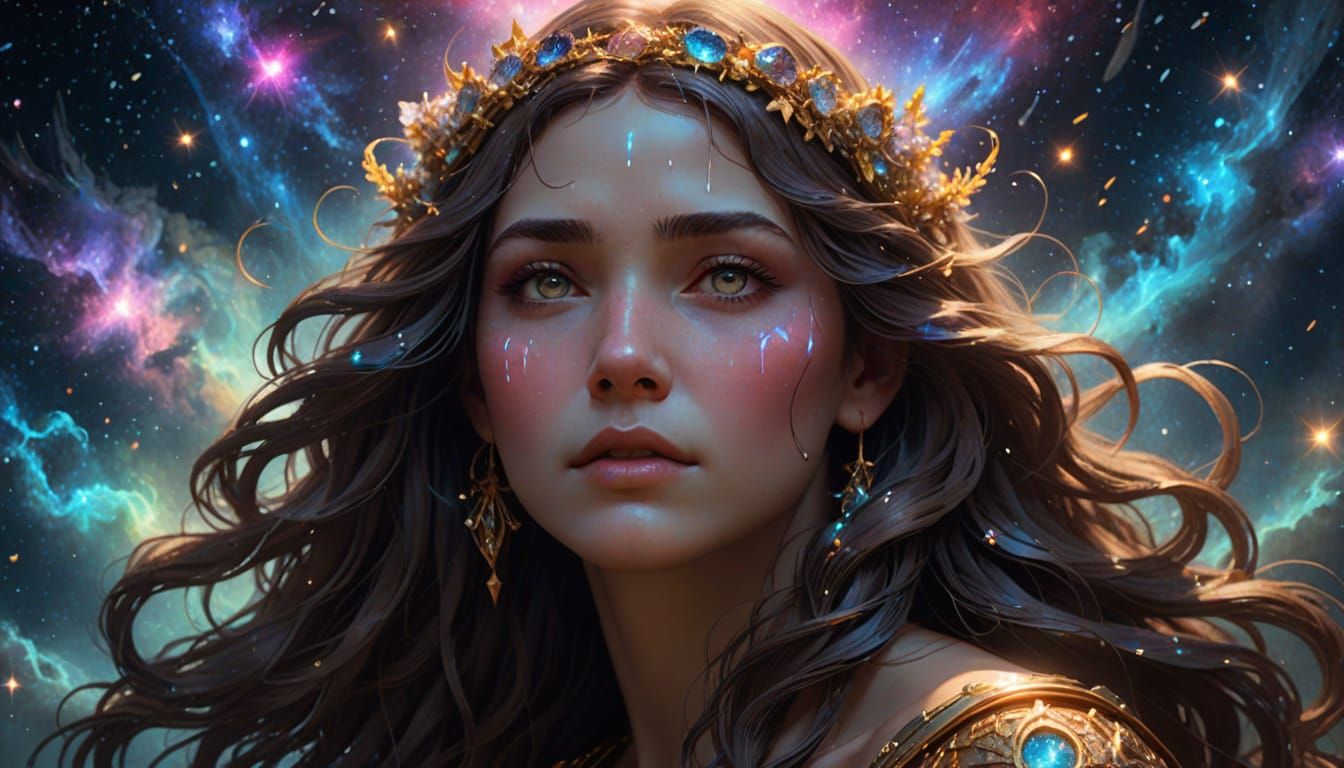 Celestial Goddess Weeping Tears of Light in Nebula