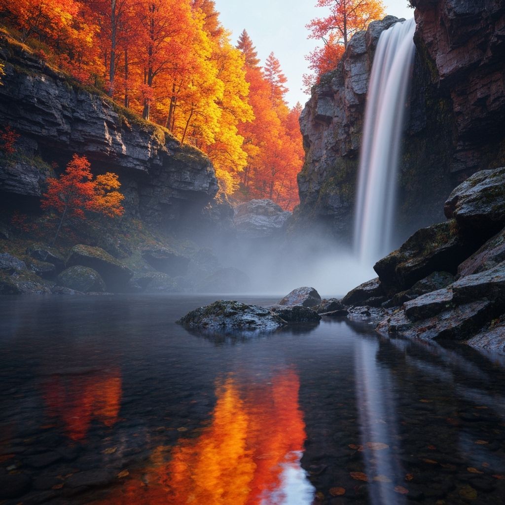 Fiery Autumn Forest Reflection on Misty Waterfall