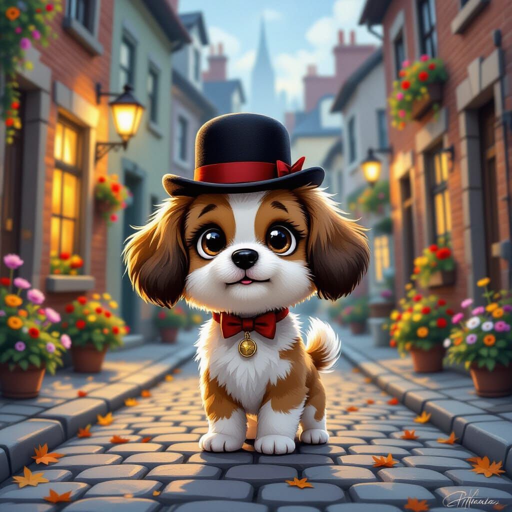 Whimsical Dog in Autumn Cityscape as Impressionist Painting