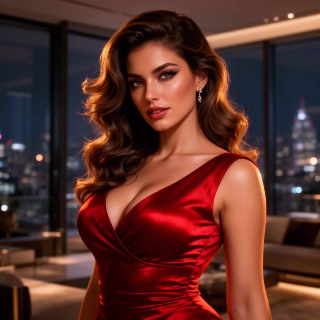 Elegant Woman in Red Dress with Dramatic Lighting
