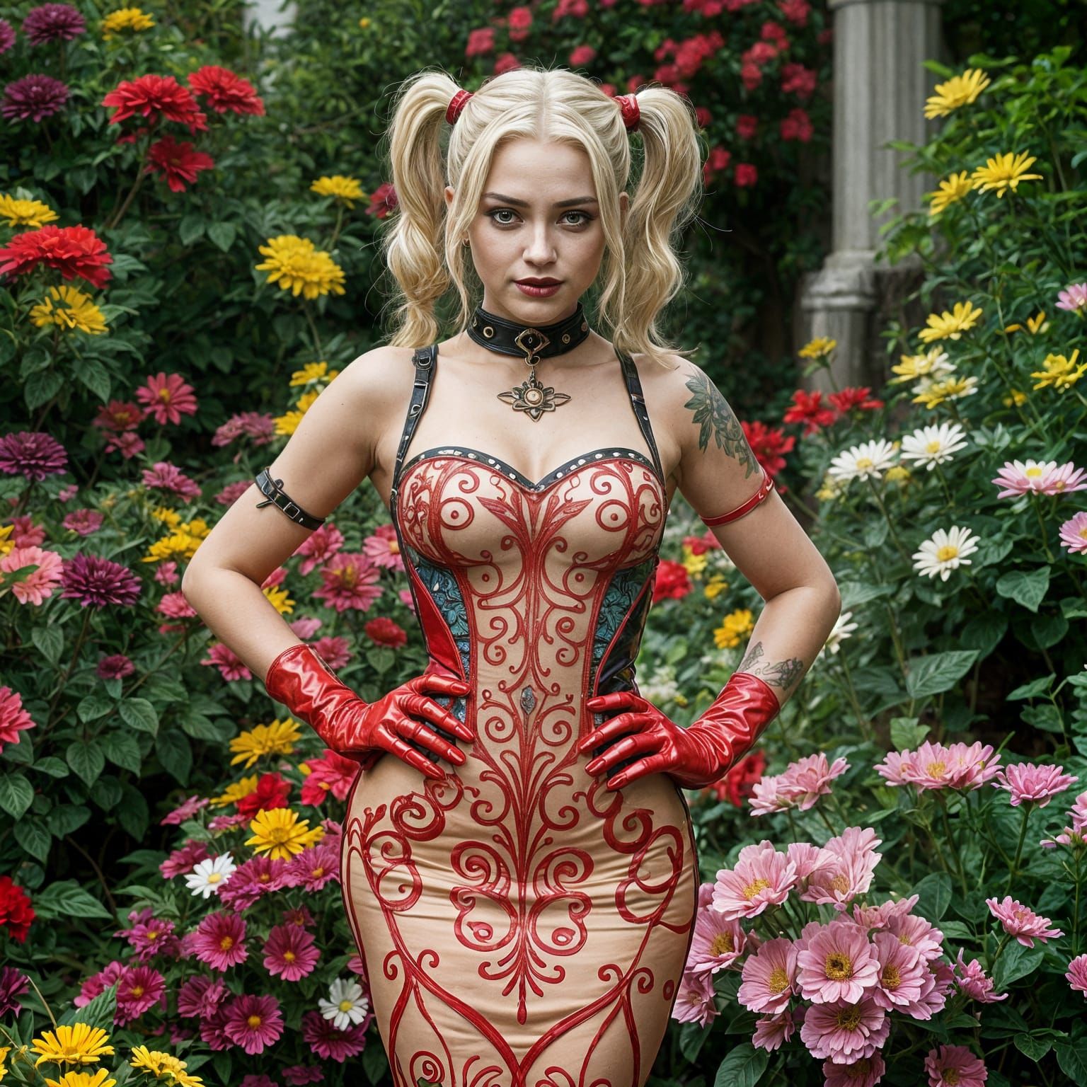 Hyperrealistic Woman in Latex Dress in Garden