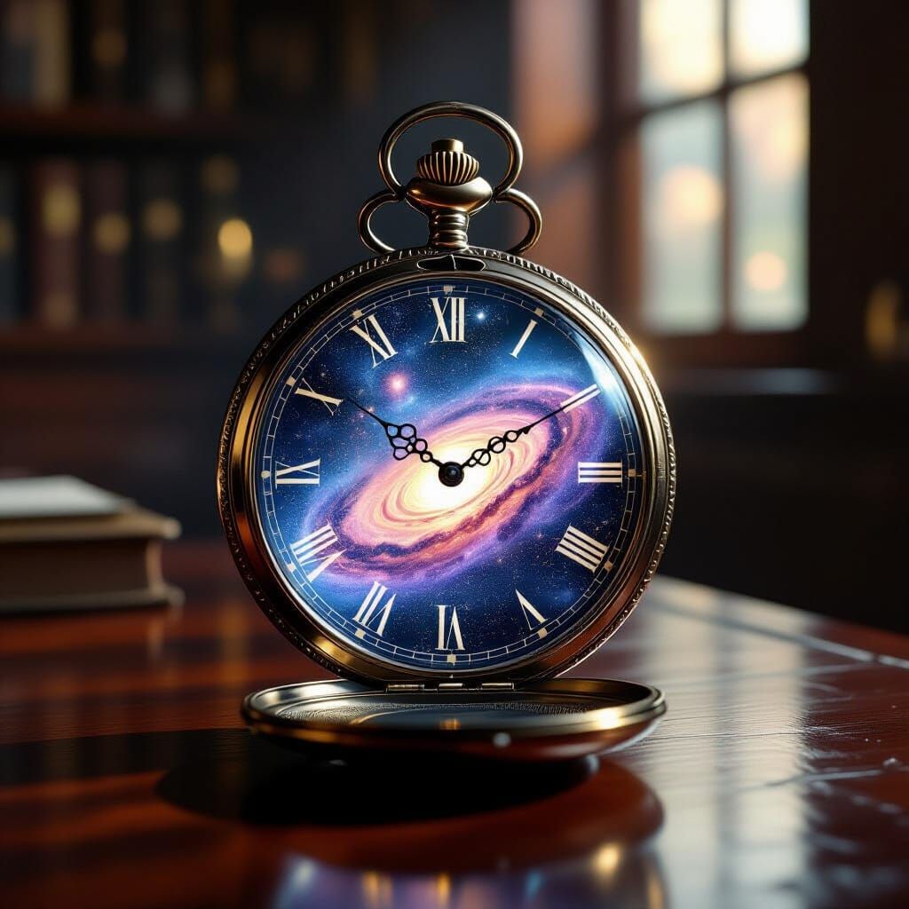 Cosmic Pocket Watch on Desk in Surrealist Oil Painting Style