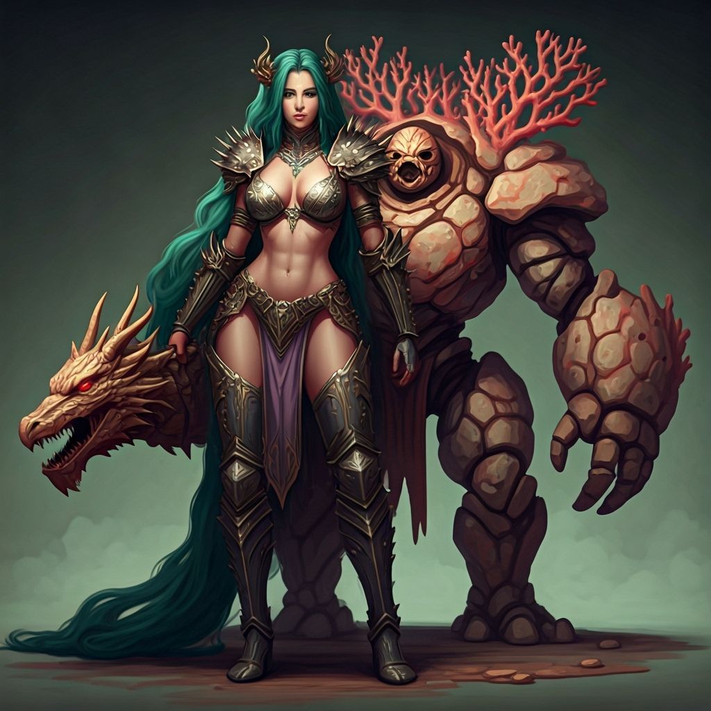 Woman in Spiked Bikini Armor with Dragon Buckler and Coral G...