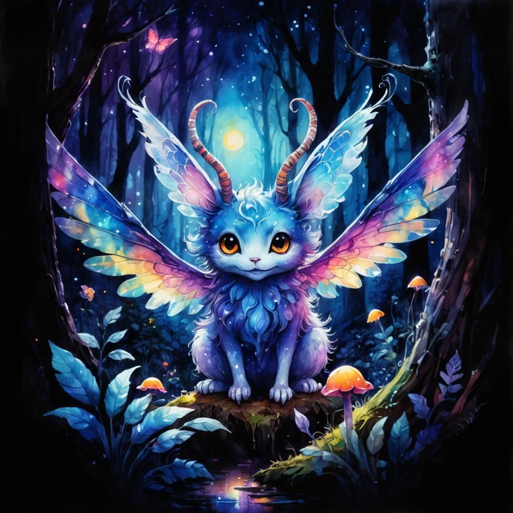 Psychedelic Watercolor Ghost Creature in Fantasy Forest