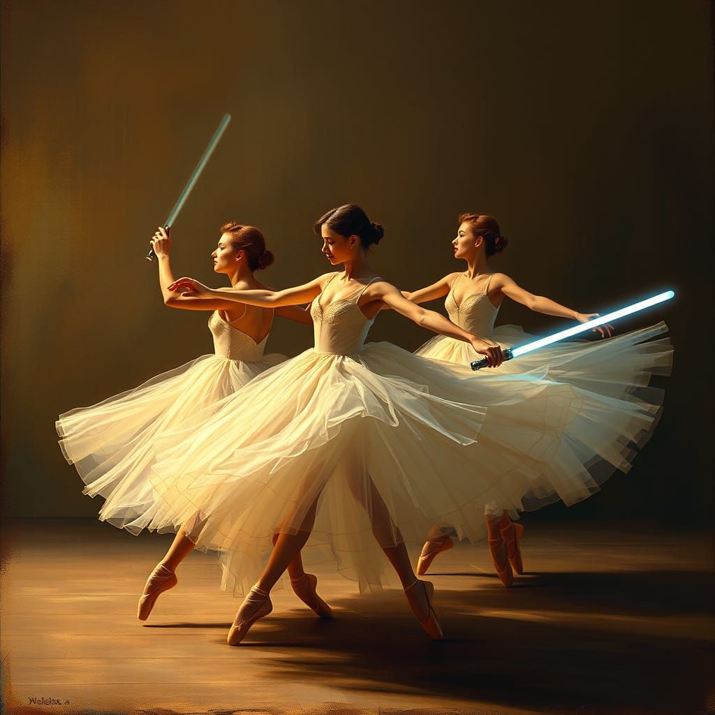 Degas-Inspired Ballet Dancers with Glowing Lightsabers in Im...