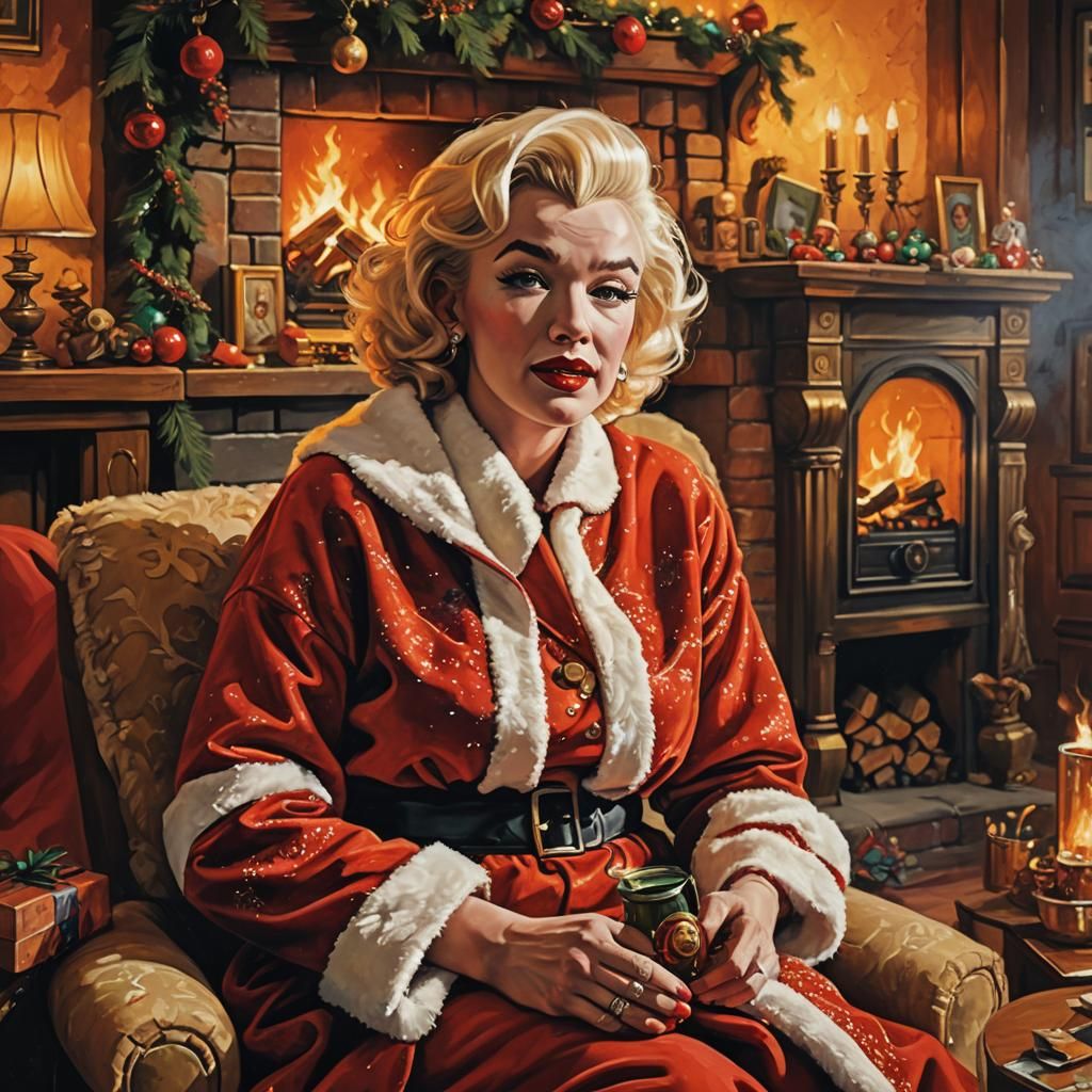 Marilyn Monroe as Vintage Santa Claus in Cozy Living Room