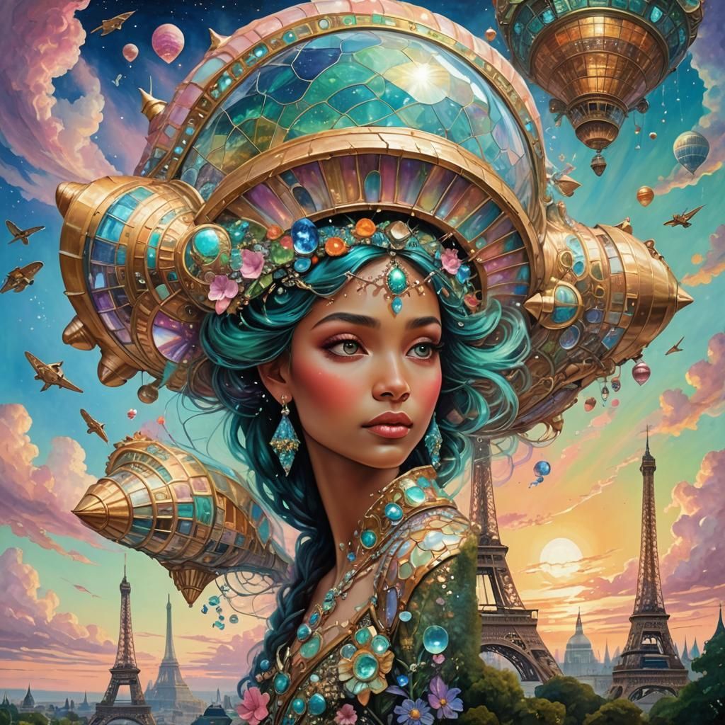 Conch Spaceship Over Paris in Art Nouveau Style