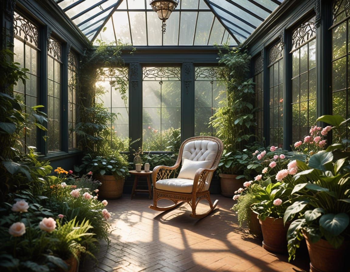 Victorian Conservatory with Wicker Chair in Romantic Style