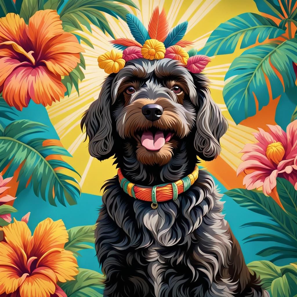 Black Wirehaired Griffon in Tropical Pop Art Style