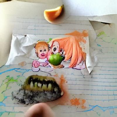 Moldy Peach Monster Devouring Child: Anime Drawing