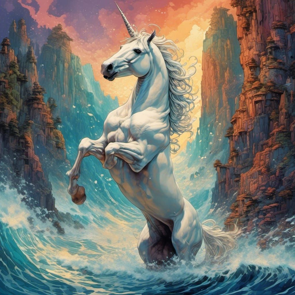 Unicorn Emerges from Ocean: Borderlands Cell Shaded Style