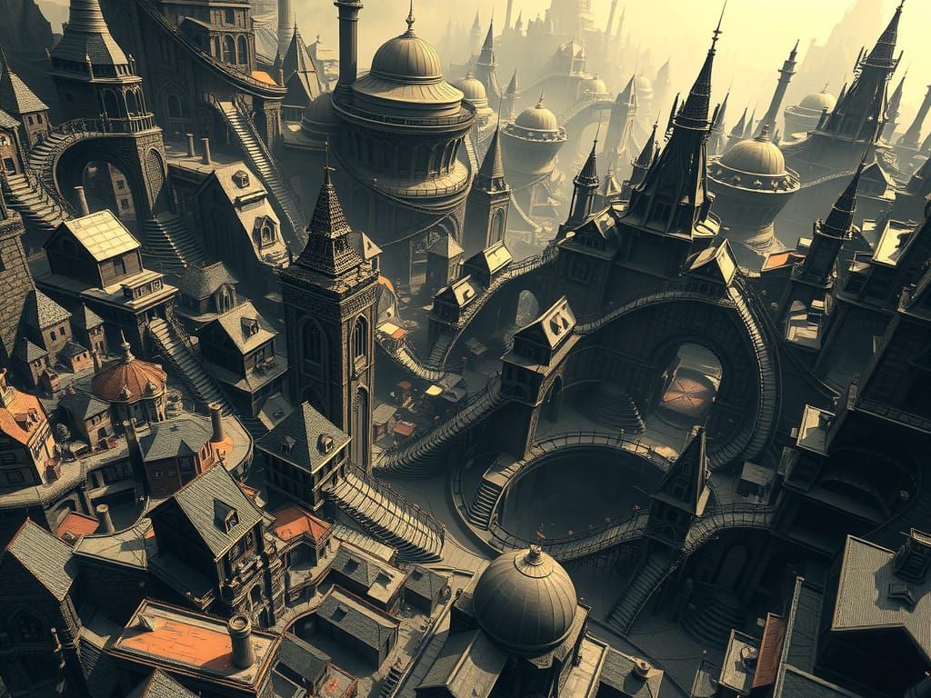 Cyberpunk Cityscape with Escher-like Architecture in Dark, M...