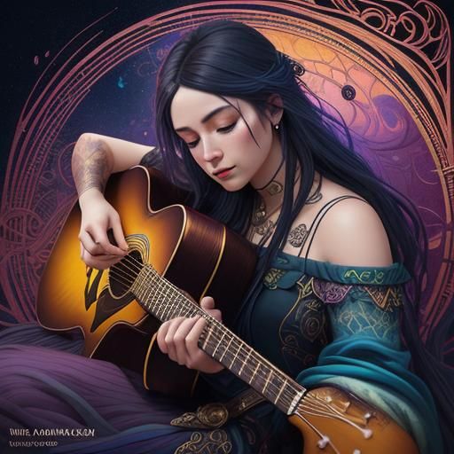 Girl Guitarist in Fantasy Art Nouveau Style