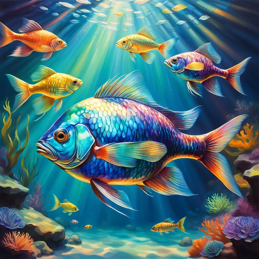 Iridescent Fish Glides Through Tranquil Underwater Scene