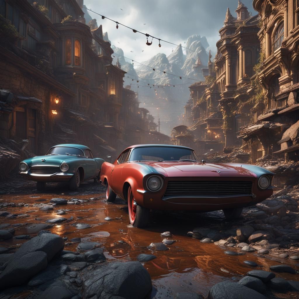 Detailed Matte Painting of Cars in Deep Color