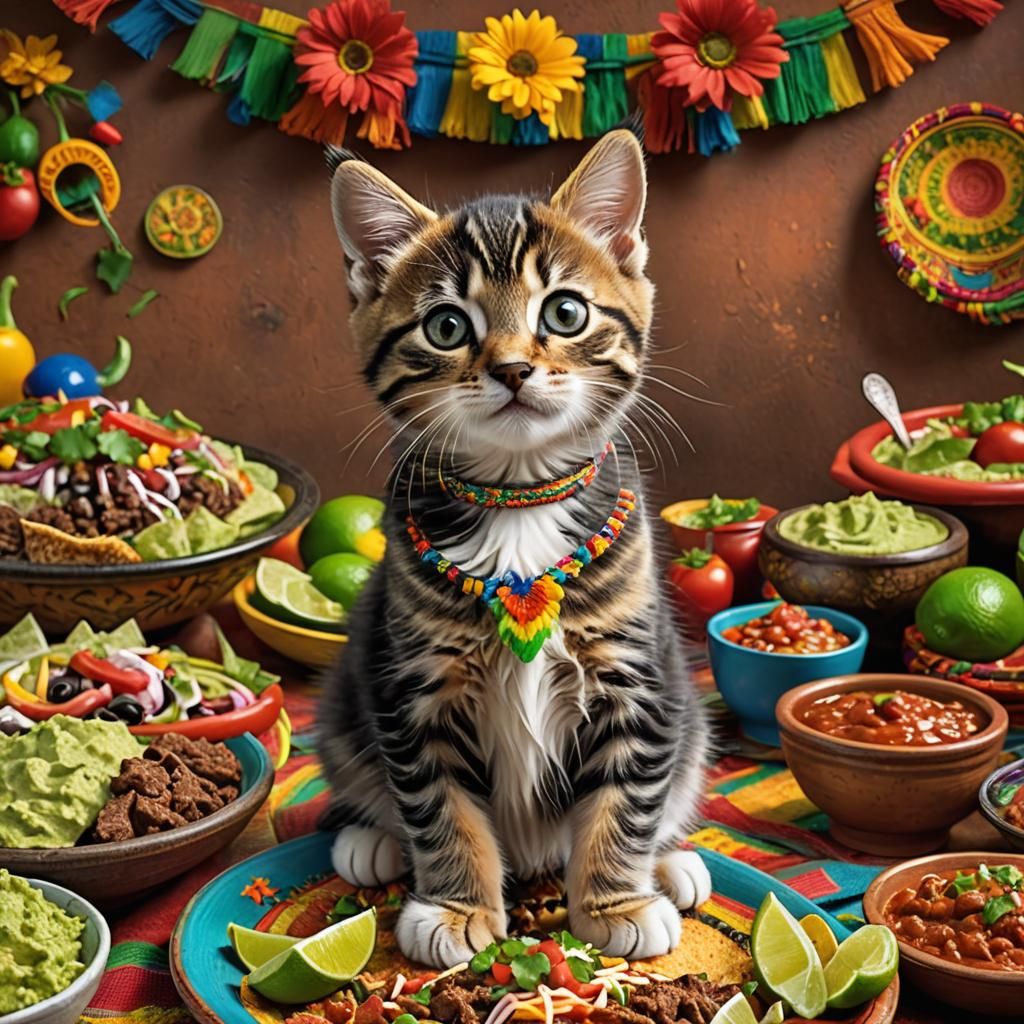 Cinco de Mayo Kitten Celebration in Hyperrealistic Style