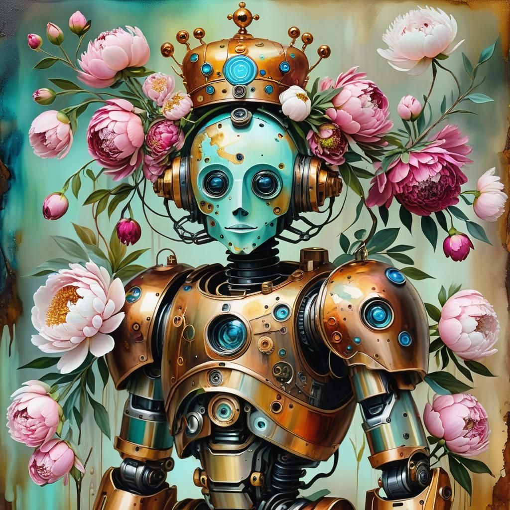 Robot in Klimt Style with Peony Crown