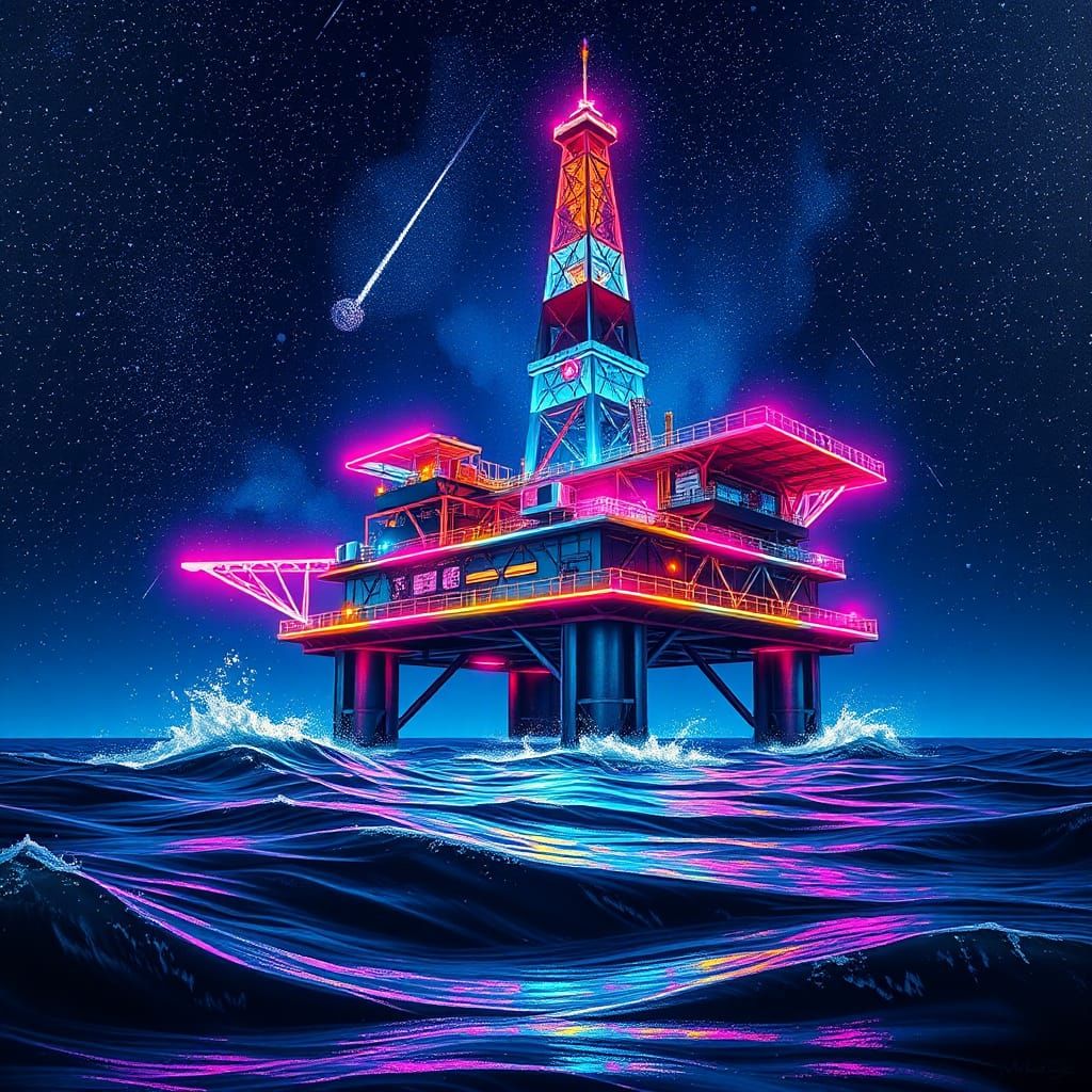 Neon Cyberpunk Oil Rig Under Starry Sky: Digital Painting