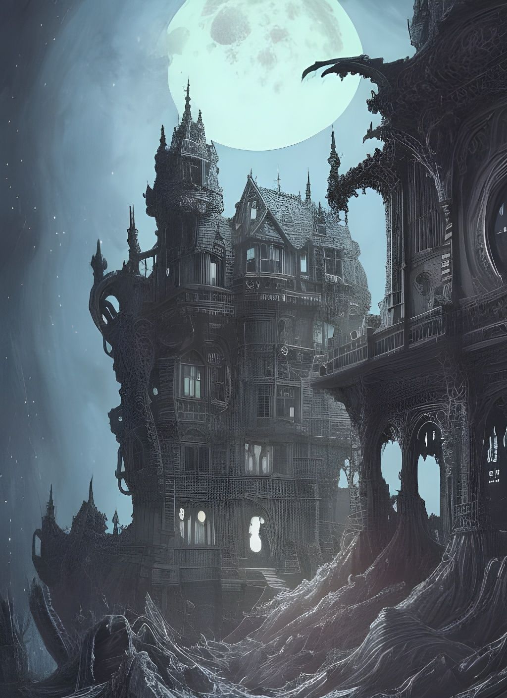Gothic Mansion in Lunar Crater: Watercolor Splash Art