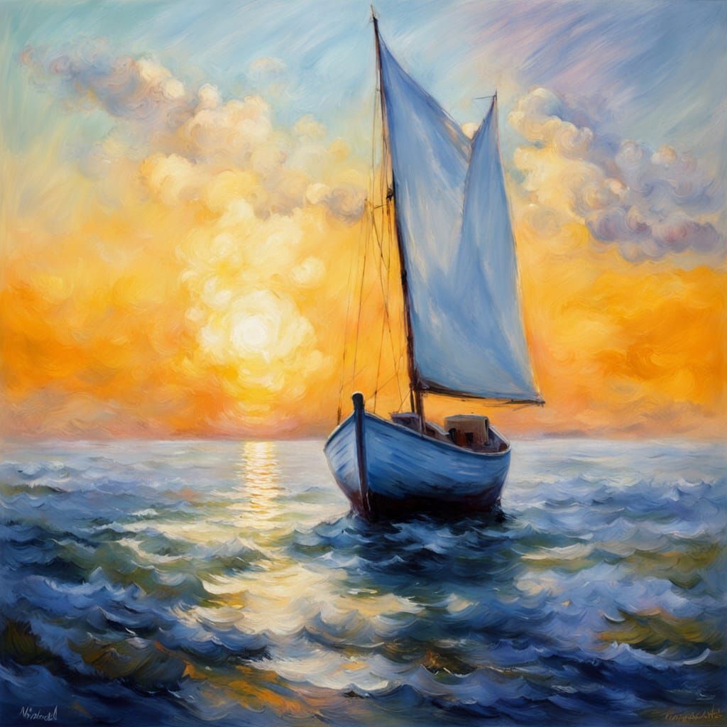 Impressionist Striped Boat on Striped Sea with Warm Sunlight