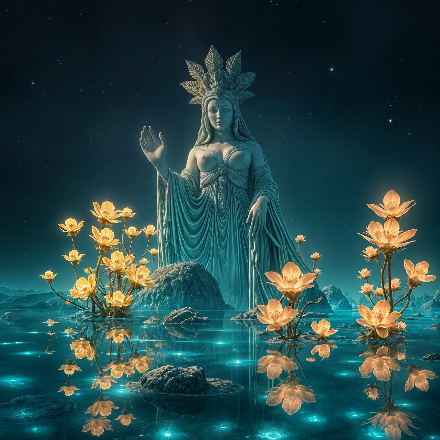 Colossal Goddess Statue in Bioluminescent Lake
