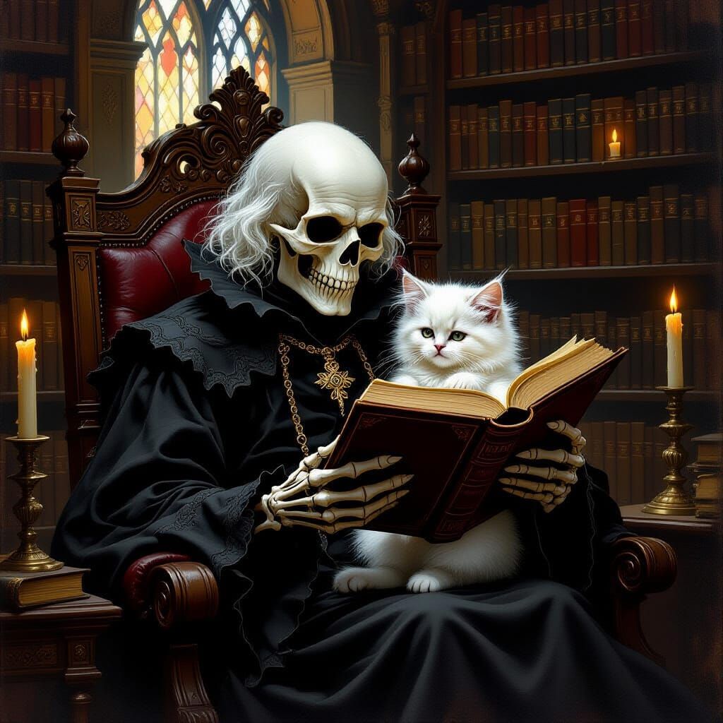 Death Reads to Kitten in Gothic Library Oil Painting