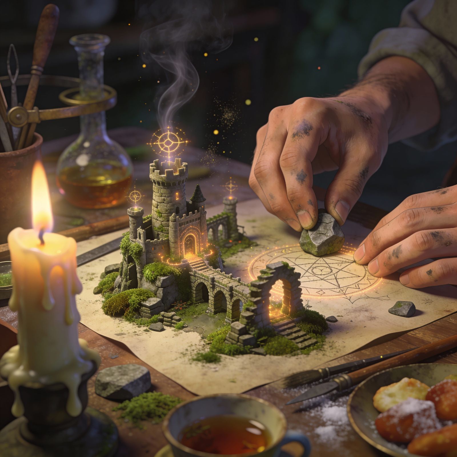 Fantasy Workbench with Miniature Castles and Glowing Runes