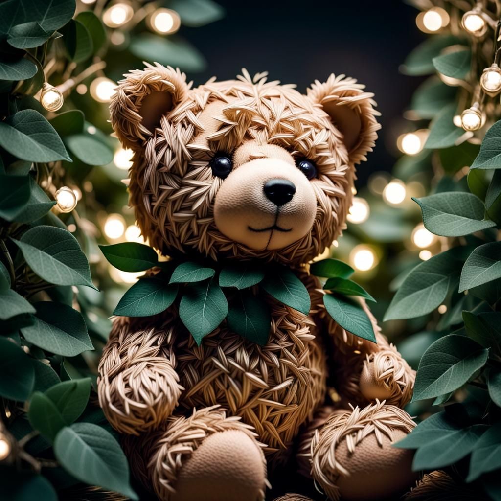 Leaf and Lights Teddy Bear, Hyperrealistic Image