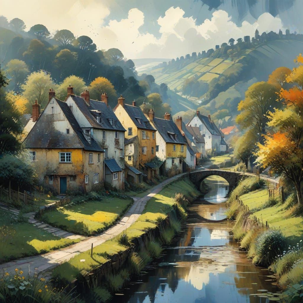 Idyllic Countryside Village in Triadic Colors