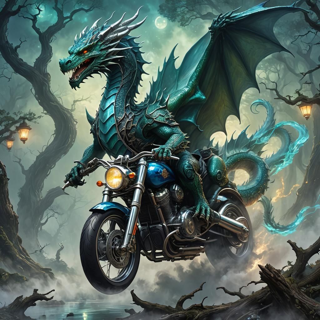 Dragon Rider on Chrome Motorcycle in Neon Landscape