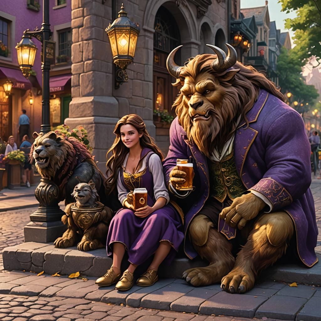 Beast and Belle Share a Beer, Fantasy Art Nouveau