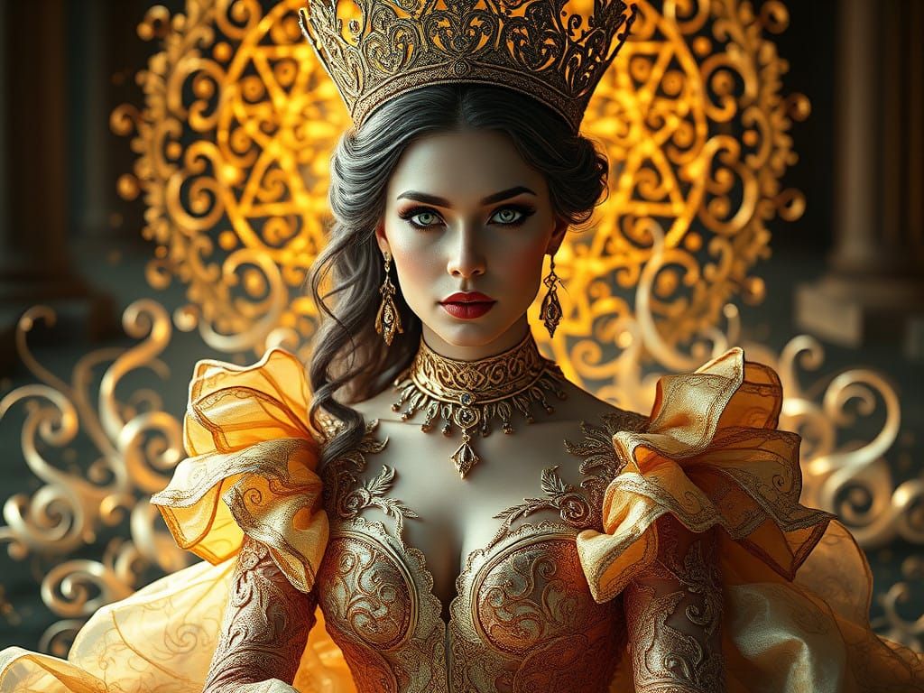 Majestic Queen in Golden Gown Amidst Mystical Aura