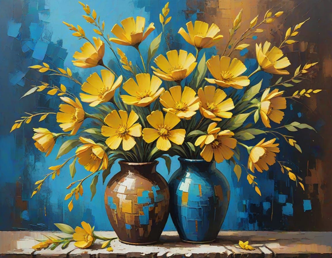 Impressionistic Still Life of Yellow Flowers in a Textured V...