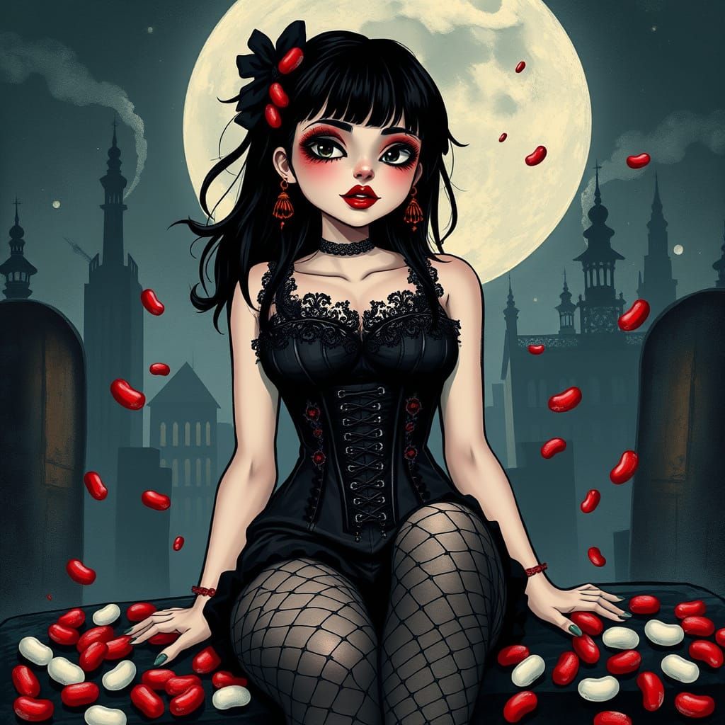 Gothic Girl Surrounded by Jellybeans in a Moonlit Cityscape