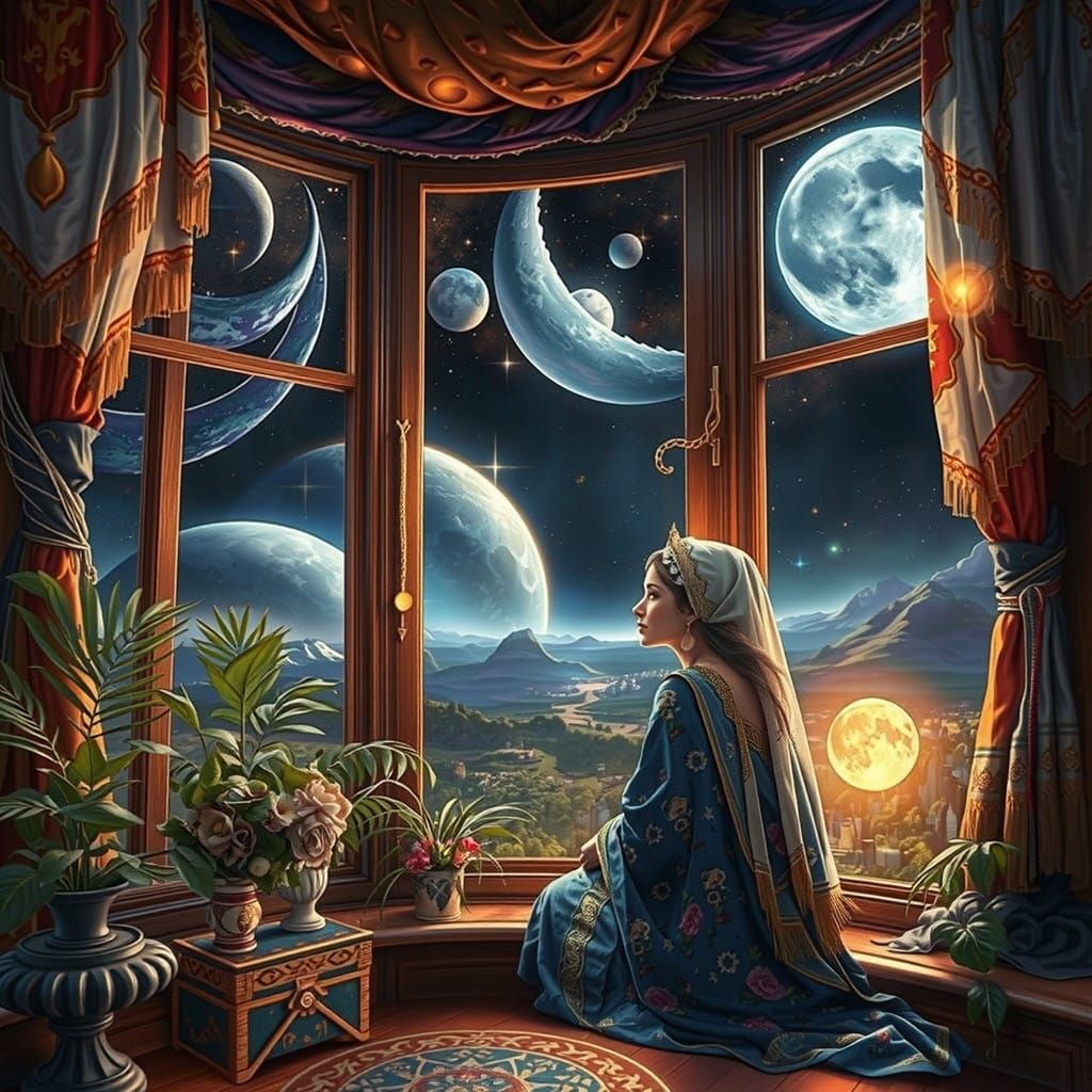Astral Cosmic Goddess in the Window, Surrounded by Stars and...