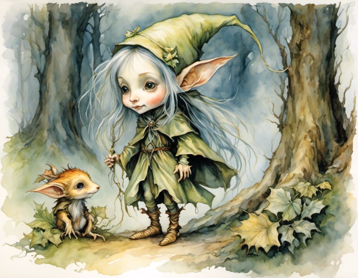 Happy Chibi Elf in Eerie Watercolor Mist