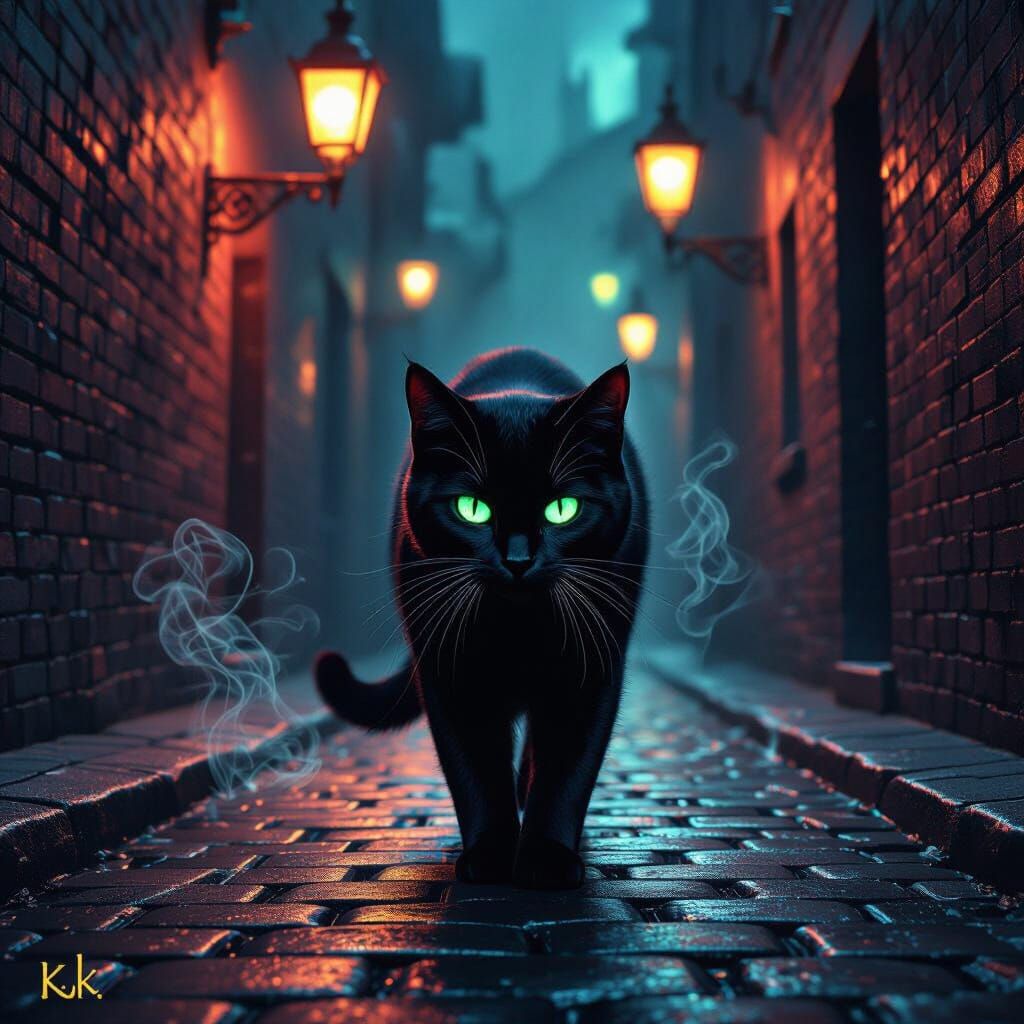 Black Cat on Haunting Street Hyperrealistic Splash Art