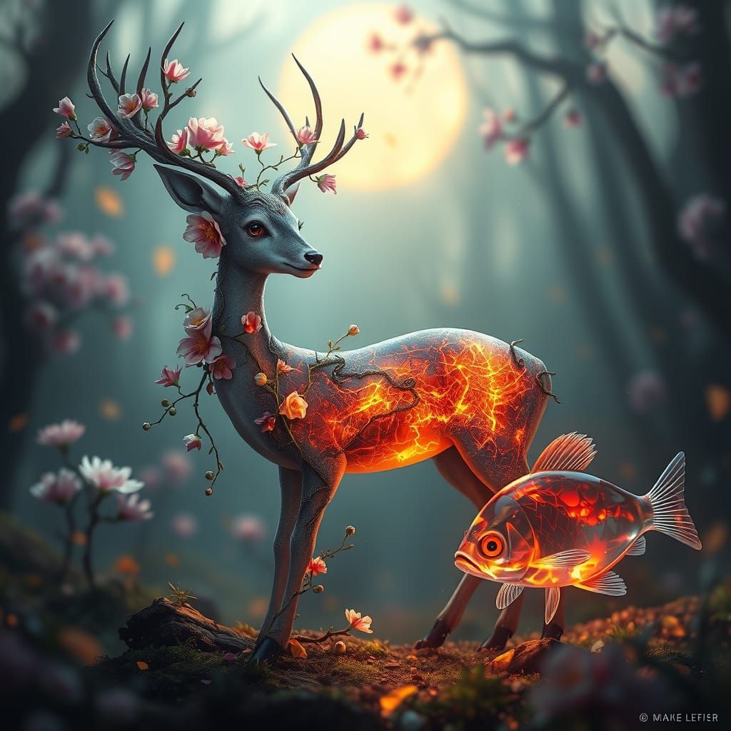 A delicate deer with a body composed of blooming florals and...