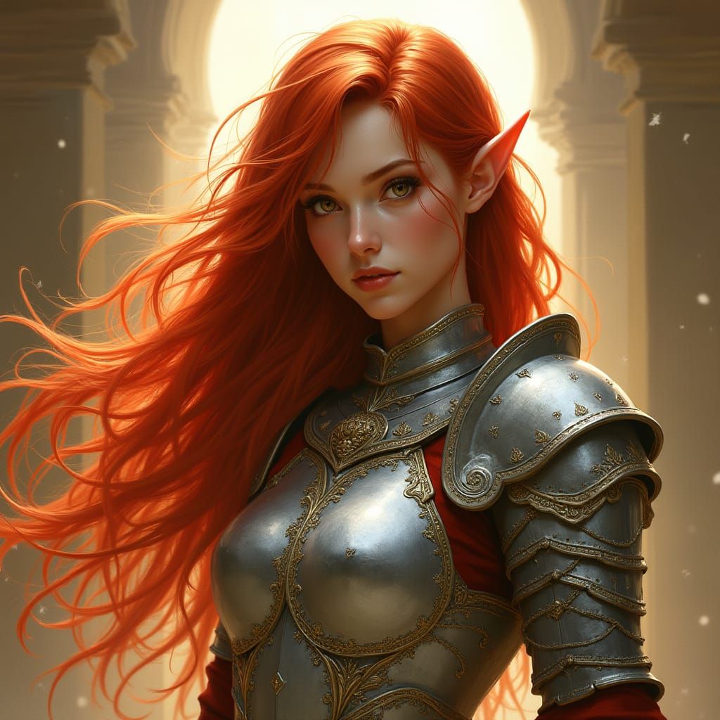 Half-Elf Paladin with Red Hair in Fantasy Art Style